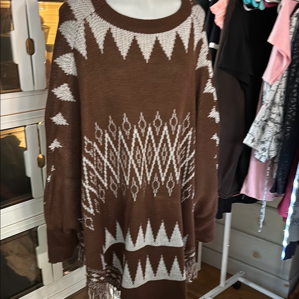 Brown and White Geometric Pattern Sweater